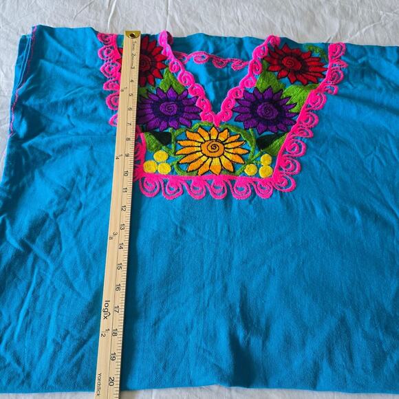 Maya Mexican Dress Embroidered Flowers Chiapas Puebla Bright Aqua Blue Large - Picture 7 of 8